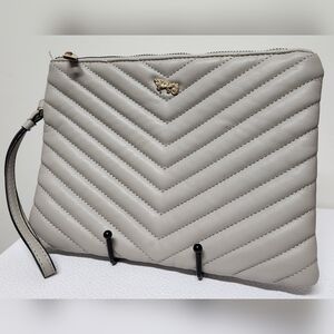 Mathew + Julian Light Grey Chevron Quilt Wristlet Pouch Vegan Leather NWOT